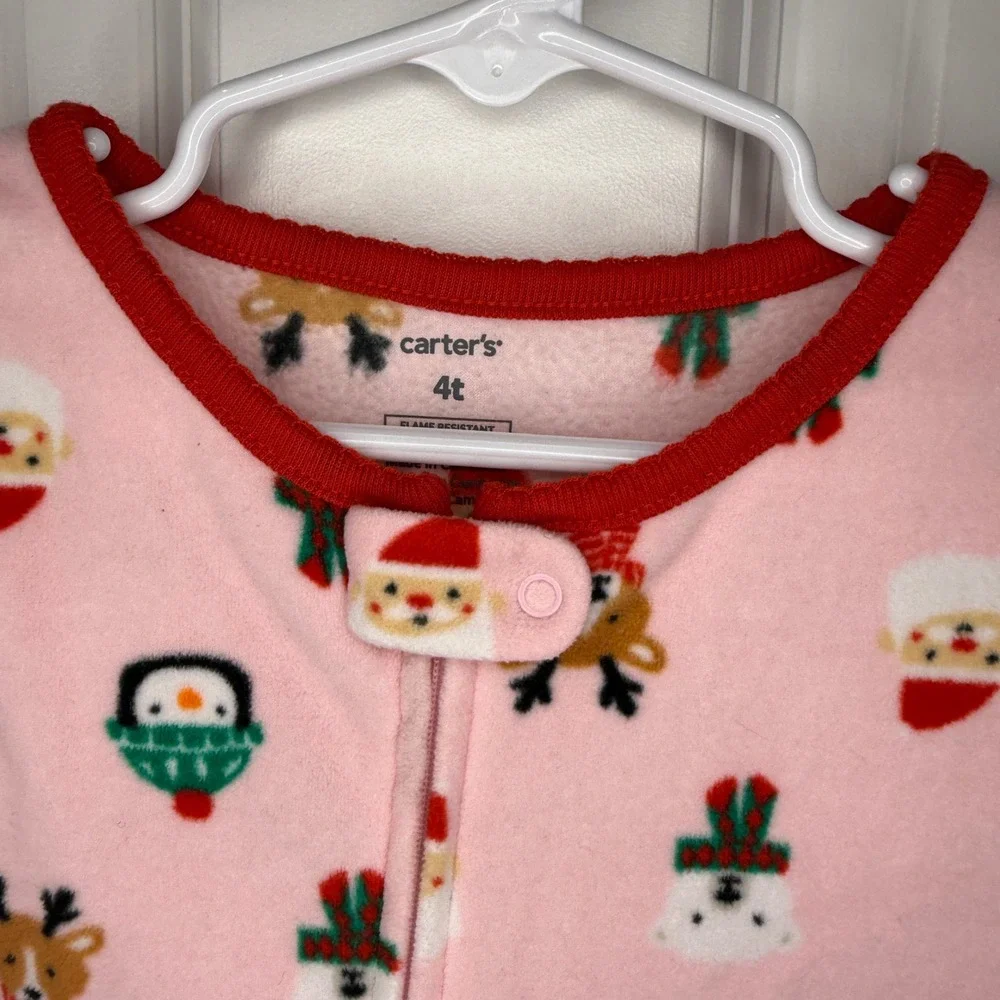 Carters Girls Pink Christmas Fleece Footed Pajamas Santa Reindeer‎ Size 4T